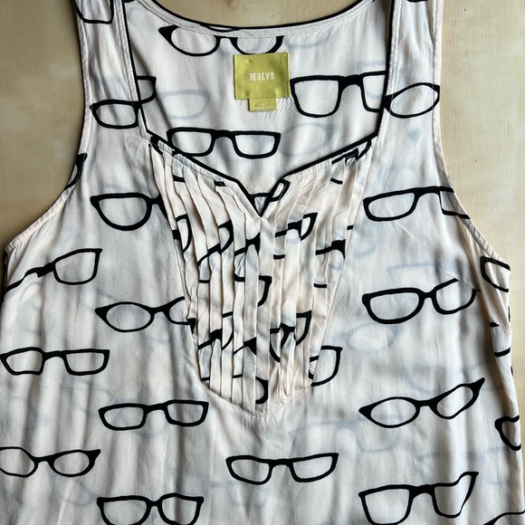 Anthropologie Maeve Retro Eyeglasses Print Pintuck Pleated Tank Top size 4 - Picture 3 of 6